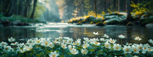  A collection of white blooms in the grass by a waterbody, framed by trees behind