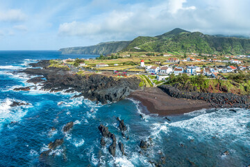 Aerial view of Mosteiros village at Sao Miguel island, Azores archipelag, Portugal