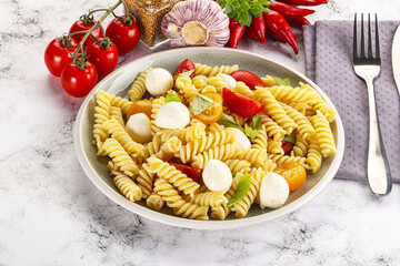 Italian pasta with mozzarella and tomato