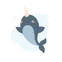 Funny cute arctic narwhal. Sea unicorns. Underwater wildlife. Friendly northern character.
