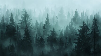 Fototapeta premium Foggy forest landscape with a mysterious and serene mood. Ideal for nature, travel, and winter