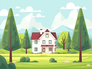 Naklejka premium Countryside Haven: A Rural Farmhouse Nestled Amidst Vast Verdant Land, Embodying the Rustic Charm and Abundance of Nature