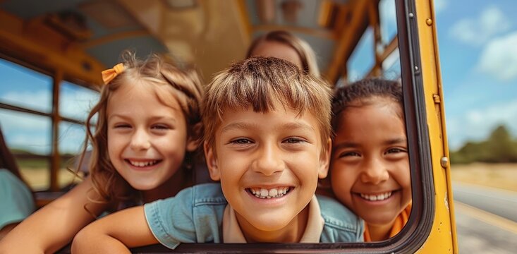 happy kids riding inside school bus with positive emotions.