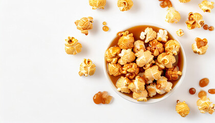 Close up top view delicious fresh popcorn with caramel in bowl on white. Snack for family time