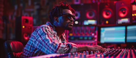 Cool Skunk Music Producer at Recording Studio Console with Plaid Shirt and Sunglasses Vibe