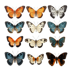 Fototapeta premium Set of a butterfly, isolated on white or transparent background cutout.