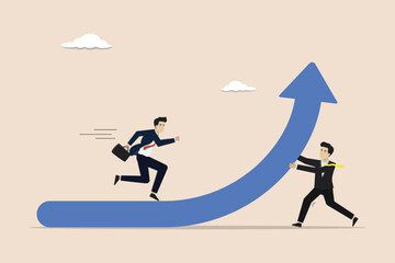 Career growth, motivation for success, increase productivity, income, help concept, help businessman pushing arrow rising to success.