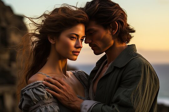 A couple in love on the ocean. Beautiful couple on the background of the sea