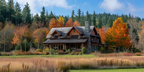 A Picturesque Log Cabin Nestled in a Colorful Autumn Forest