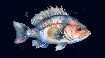 bass fish under at sea watercolor style