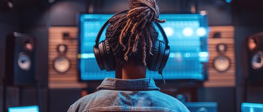 Stylish Individual in Recording Studio with Large Headphones, Trendy Environment Viewed from Behind