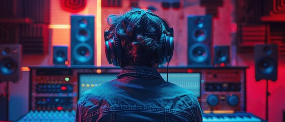 Modern Recording Studio: Stylish Person in Headphones, High-Tech Vibes from Behind