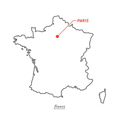 シンプルなフランスの白地図 - 首都パリの位置をマークした線画マップ