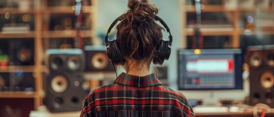 Fototapeta premium Trendy Vibes in the Studio: Stylish Person with Big Headphones Back View in High-Tech Recording Space