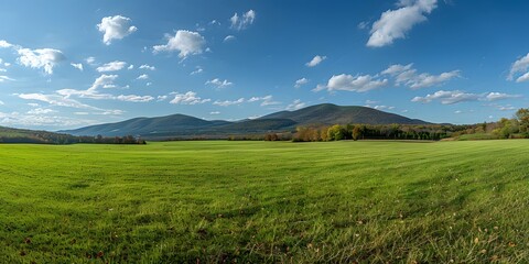 Fototapeta premium green field and blue sky with mountain in the distance