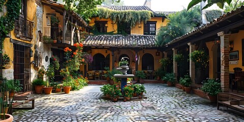 Obraz premium Courtyard with a fountain in the middle and plants all around