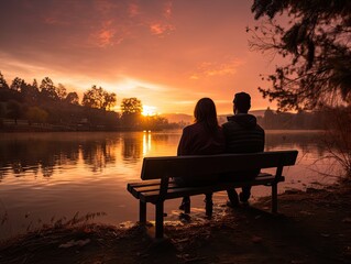 Obraz premium Silhouette of a man and a woman sitting on a park bench at sunset in the afternoon. Romantic photo