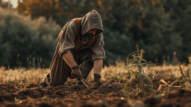 A medieval peasant working in the field