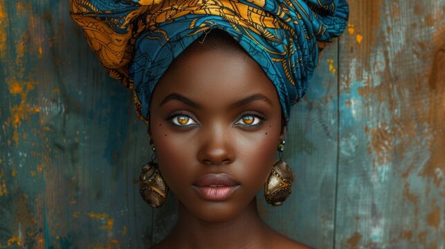 woman portrait of beautiful African woman in national, traditional costume and a colorful headscarf