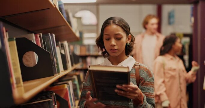 Girl, book and student in library to search at university, college or school campus for education. Shelf, learning history and person with scholarship studying knowledge, research and information
