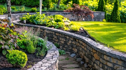 Obraz premium Retaining Wall Design with Concrete and Stone Collar for Garden and Park Landscaping amidst Nature's Beauty