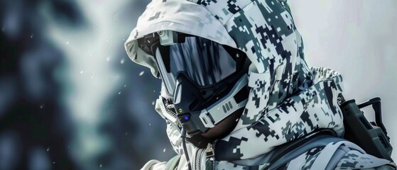 Fototapeta premium Futuristic camouflage hunting suit with a face mask.