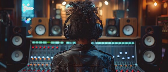 Modern Music Enthusiast in Stylish Studio - Creative Vibe with Fashionable Attire and Trendy Headphones from Behind