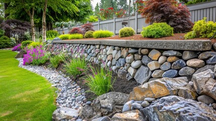 Obraz premium Retaining Wall Design with Concrete and Stone Collar for Garden and Park Landscaping amidst Nature's Beauty