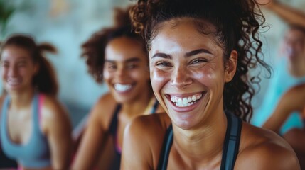 Fototapeta premium Fitness, laughing and friends at the gym for training, diverse pilates class for active healthy lifestyle. exercise in a group for a workout, cardio or yoga in a studio
