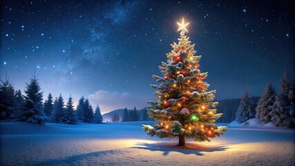 Christmas background. A snow covered field with a single tree in the middle of it and a trail in the middle of the field