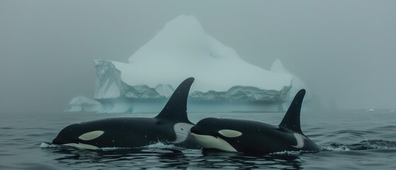 Fototapeta premium Majestic Orcas Gliding around Iceberg in Crystal Clear Waters