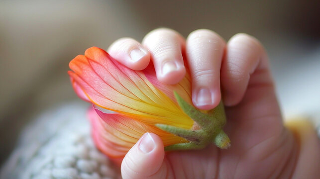 Blossoming Beginnings: Newborn's Tender Touch on a Single Flower