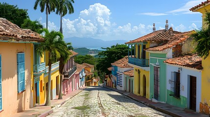 Fototapeta premium Street in Trinidad, Cuba with colorful colonial buildings and palm trees