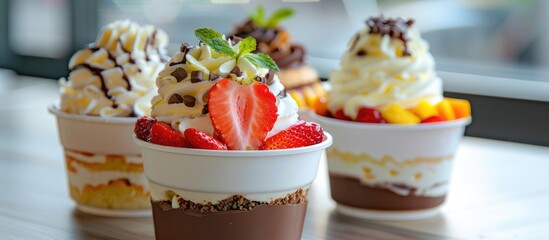 Obraz premium Assorted cake options available for delivery in a pot. Flavors include strawberry, passion fruit, chocolate, and coconut. Blank space for text.