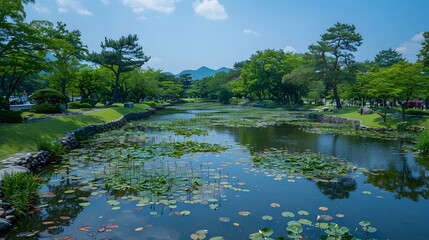 Peaceful Pond with Water Lilies and Green Trees in a Garden Setting