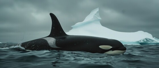 Fototapeta premium Majestic Orca Swimming Near Iceberg in with Dorsal Fin Cutting Through Water Under Cloudy Sky