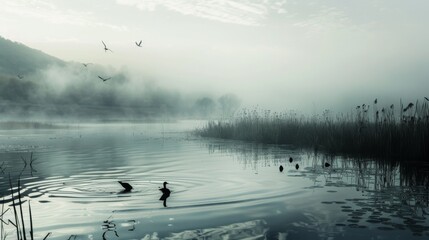 A foggy lake with a few birds flying over it