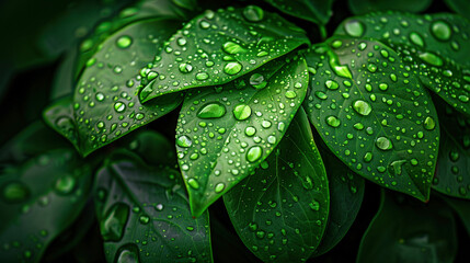 Fototapeta premium Fresh Beginnings: Macro Dew on Verdant Leaves