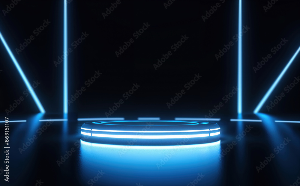 Aufkleber Futuristic Blue Neon Circular Platform with Vertical and Diagonal Light Lines in Dark Room - Sci-Fi High-Tech Background for Product Display or Virtual Reality Setup
