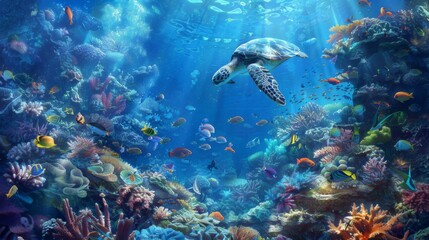 A turtle swims through a coral reef with many fish swimming around it