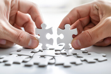 Hands connecting jigsaw puzzle pieces, illustrating business solutions, success concepts, and strategies