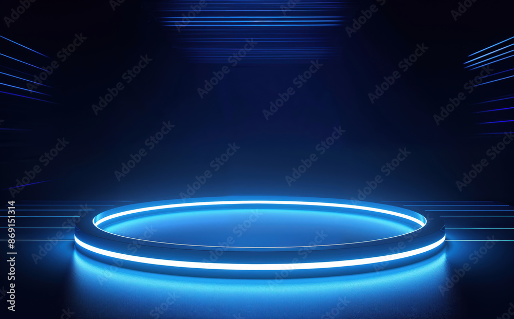 Aufkleber Futuristic blue neon circular platform with horizontal light lines in dark room - sci-fi high-tech background for product display or virtual reality interface