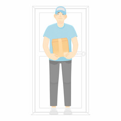 A courier with a package. A courier in a blue uniform holds a box in his hands. Vector illustration