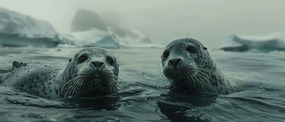Obraz premium Majestic Seals Swimming by Iceberg in with Twilight Sky and Ocean Background
