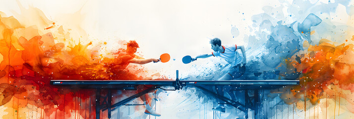 watercolor painting depicting intense table tennis match with the background of Paris, Olympic Games. The  energy and excitement of the competition