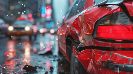 Red Car with Rear-End Damage in Traffic Accident. A vivid image capturing the aftermath of a traffic accident involving a red car. The vehicle shows significant rear-end damage, with visible dents and