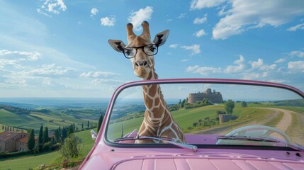 A giraffe with glasses sits in a pink car on the background of the Italian landscape