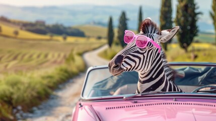 Zebra with glasses sits in a pink car on the background of the Italian landscape