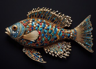 An image of stylized ornate fish with metallic elements against dark background