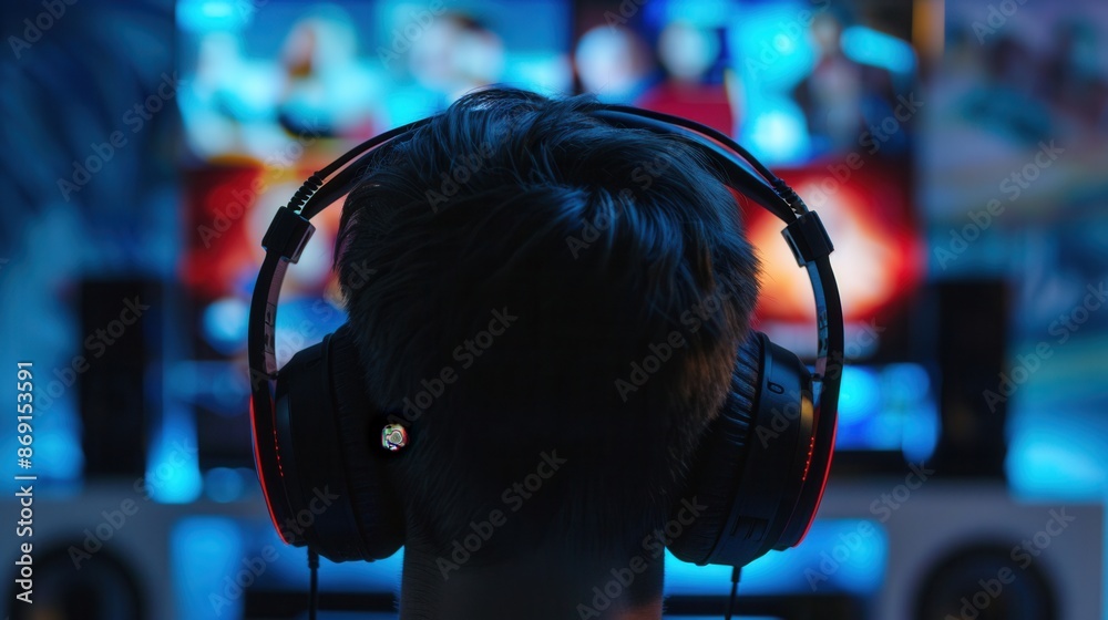 Aufkleber a close-up shot of a person wearing headphones, their ear in focus, while watching a screen displayi